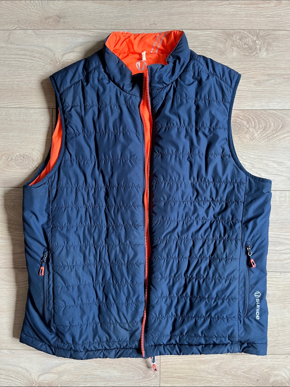 Dark Navy Quilted Vest with Bright Orange Lining, Reversible to Orange